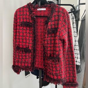 Zara Red Tweed Open Cardigan with Fringe Detail